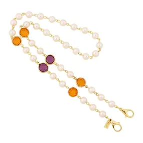 1928 Jewelry Faux Pearl & Round Topaz & Amethyst Austrian Crystal Face Mask Chain Holder 22 Inch