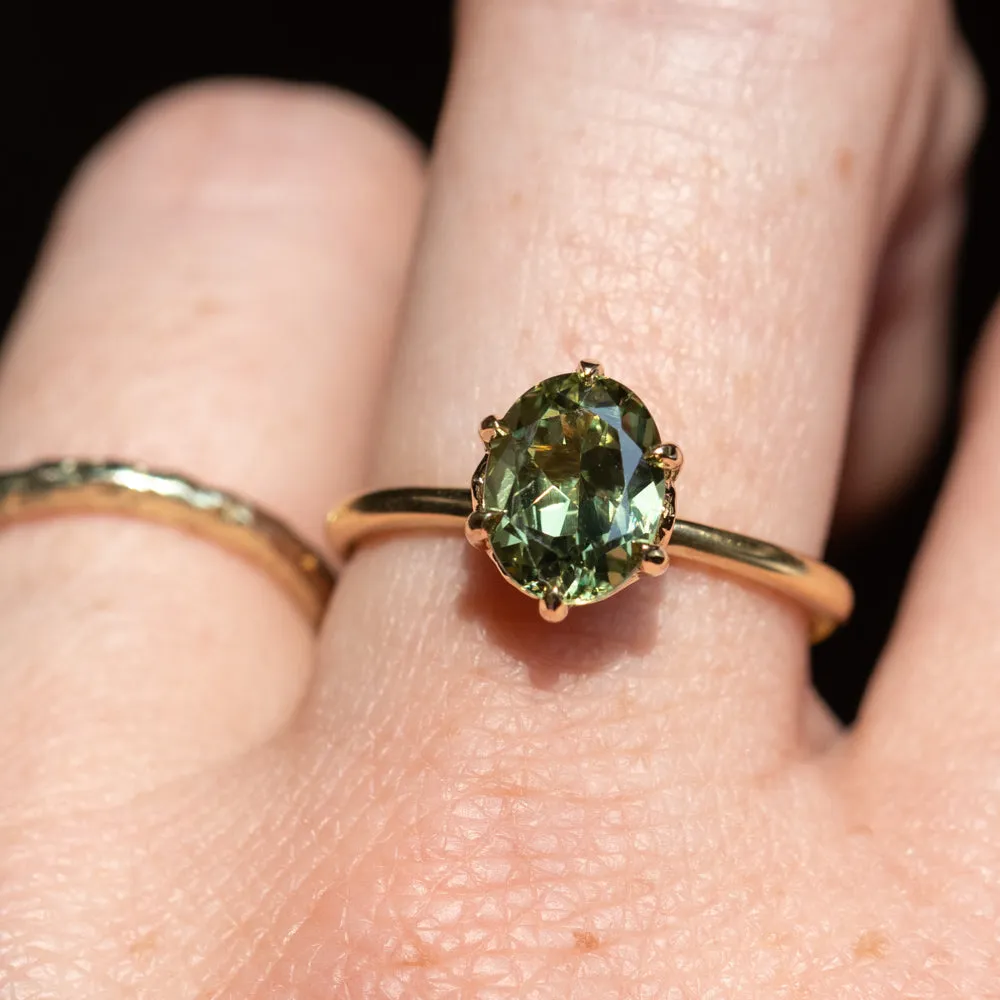 1.99ct Untreated Green Australian Oval Sapphire Lotus Solitaire in 18k Yellow Gold