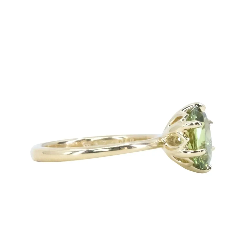 1.99ct Untreated Green Australian Oval Sapphire Lotus Solitaire in 18k Yellow Gold