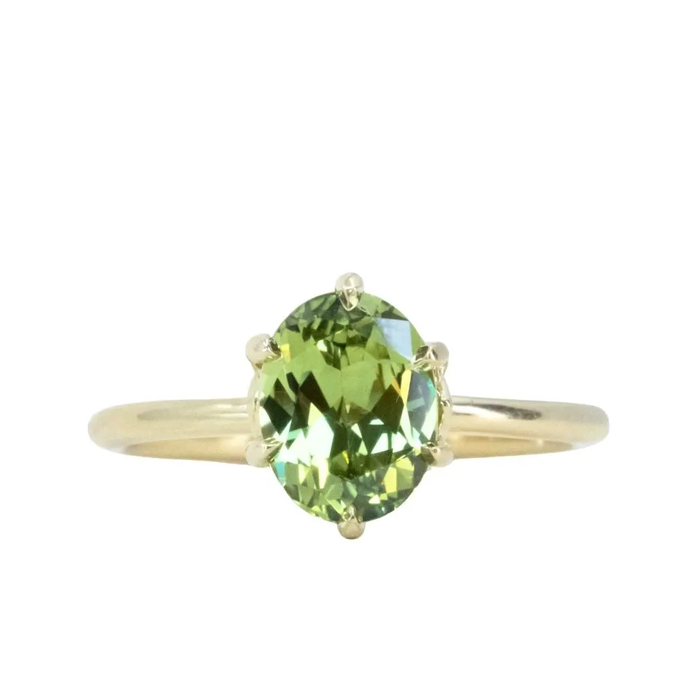 1.99ct Untreated Green Australian Oval Sapphire Lotus Solitaire in 18k Yellow Gold