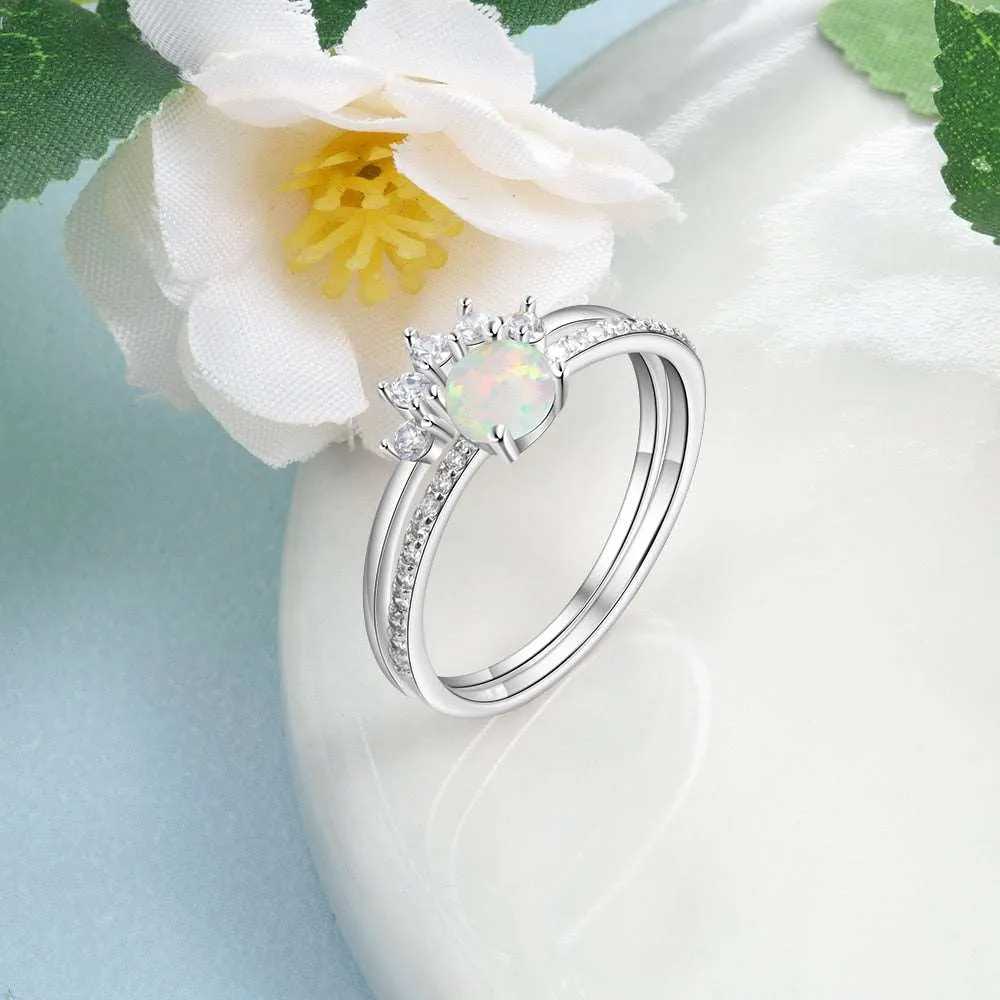 2 Pcs/Set 925 Sterling Silver Stackable Opal Ring Clear CZ Finger Rings for Women Wedding Band Silver 925 Jewelry