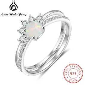 2 Pcs/Set 925 Sterling Silver Stackable Opal Ring Clear CZ Finger Rings for Women Wedding Band Silver 925 Jewelry