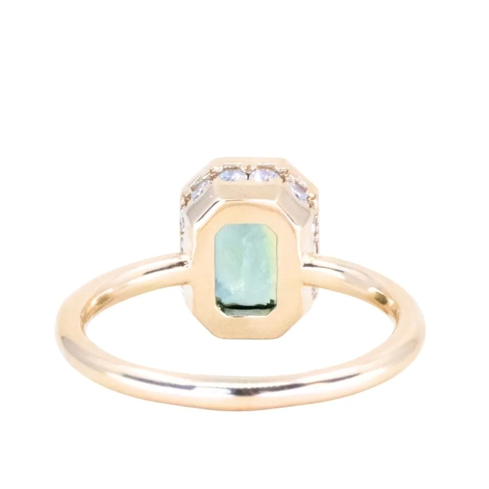 2.05ct Radiant Cut Green Sapphire Low Profile Bezel Hidden Diamond Halo Solitaire Ring in 14k Yellow Gold