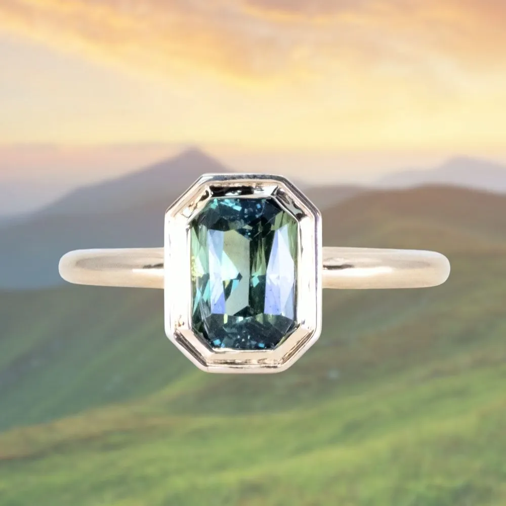 2.05ct Radiant Cut Green Sapphire Low Profile Bezel Hidden Diamond Halo Solitaire Ring in 14k Yellow Gold