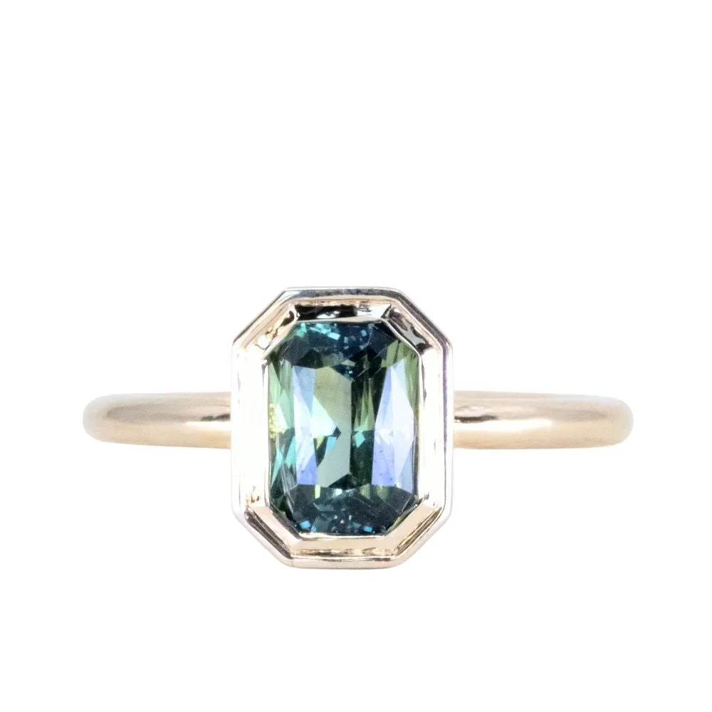 2.05ct Radiant Cut Green Sapphire Low Profile Bezel Hidden Diamond Halo Solitaire Ring in 14k Yellow Gold