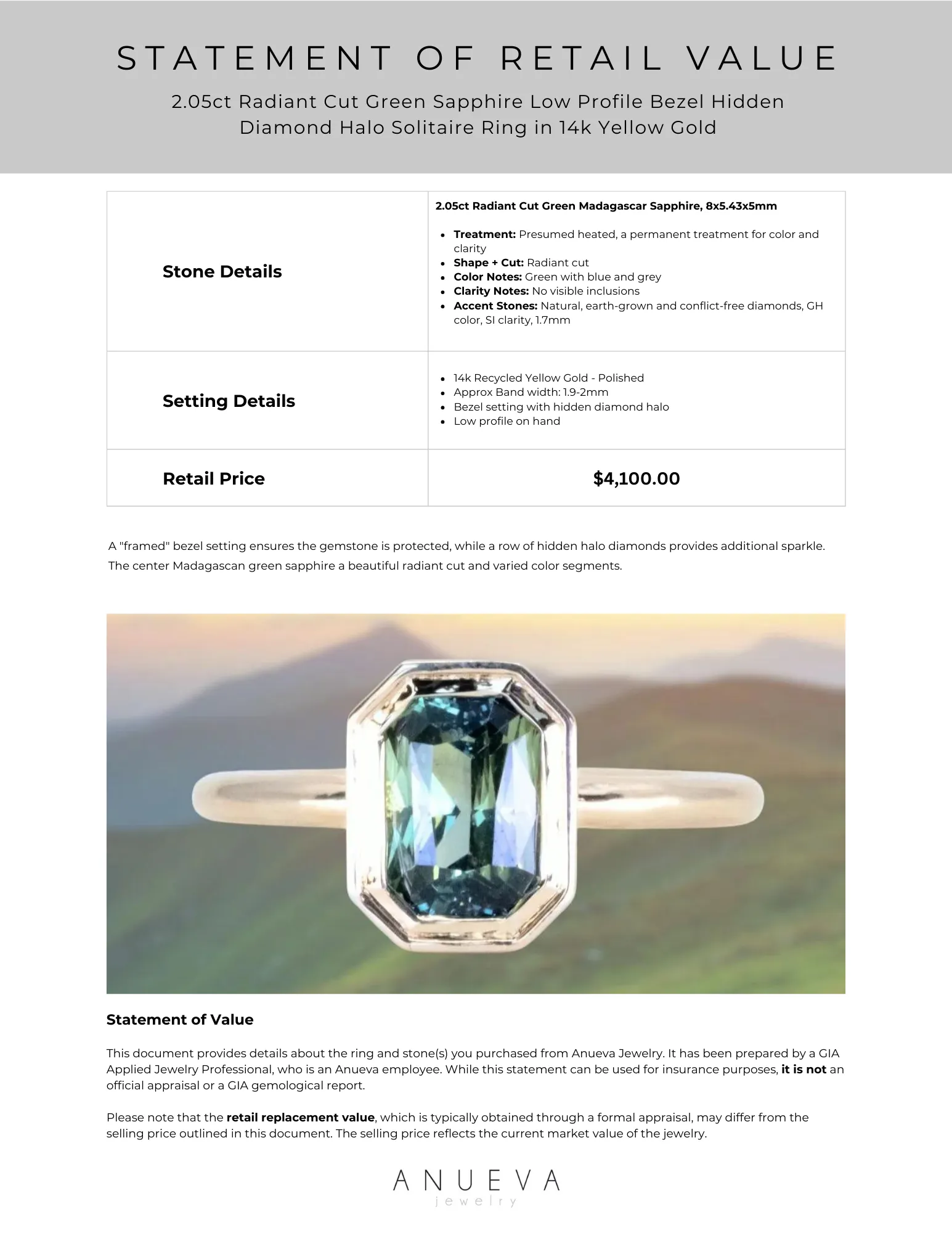 2.05ct Radiant Cut Green Sapphire Low Profile Bezel Hidden Diamond Halo Solitaire Ring in 14k Yellow Gold