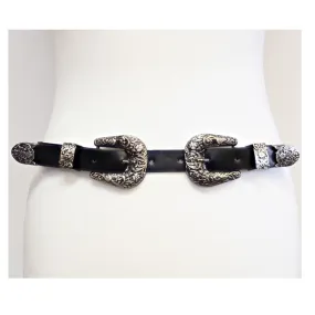 2.3cm Black Western Style Belt with Patterned Silver Buckle