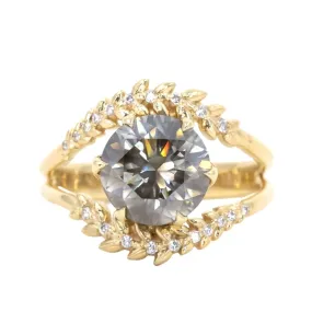 3.01ct Round Grey Diamond Double Curved Vine Prong Set Ring in 18k yellow gold