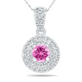 3/4 Carat Tw Double Halo Pink Topaz And Diamond Pendant In 10K White Gold