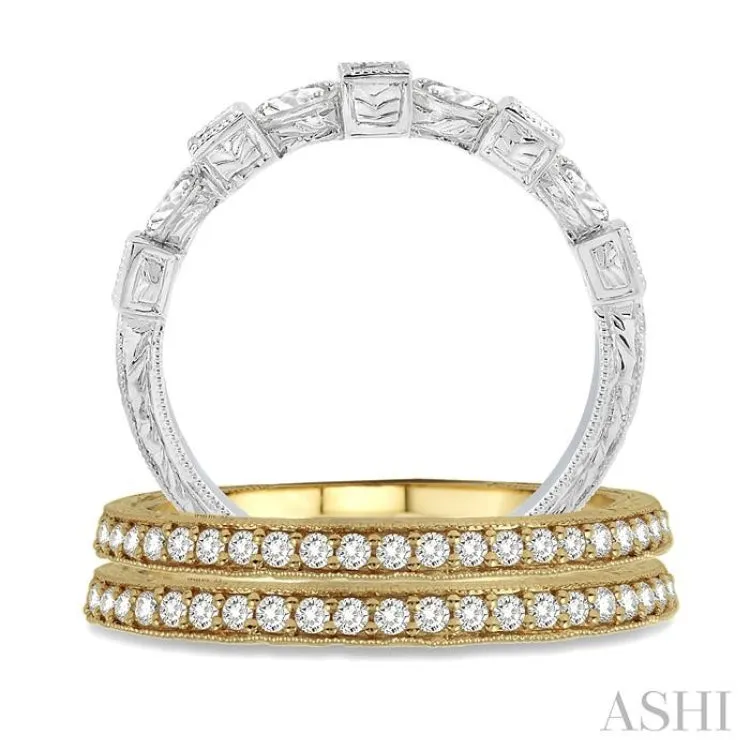 3/4 Ctw Round Cut Diamond Triple Band Set in 14K Yellow and White Gold