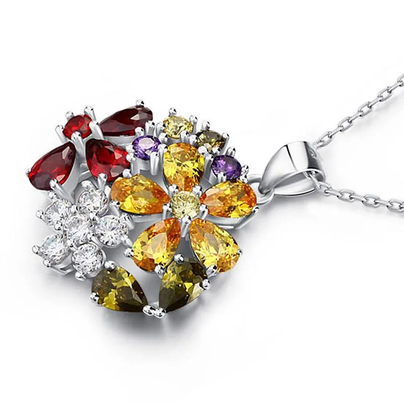 3.5 Carat Multi-Color Simulated Topaz Flower 925 Sterling Silver Pendant Necklace