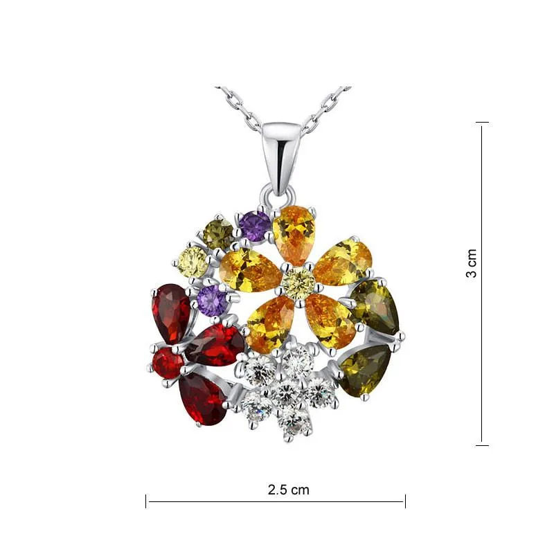 3.5 Carat Multi-Color Simulated Topaz Flower 925 Sterling Silver Pendant Necklace