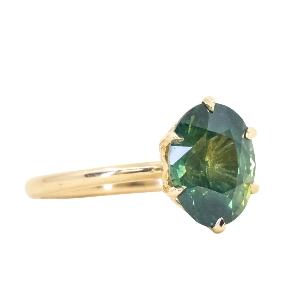 3.58ct Oval Silky Green Madagascar Sapphire Lotus Six Prong Solitaire in 18k Yellow Gold