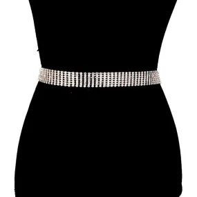 7 Row Crystal Embellished Rhinestone Pave Detail Glamorous Chain Belt