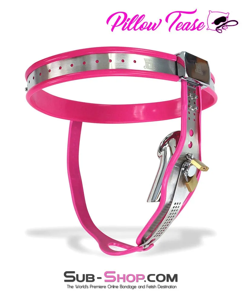 7913M      Sissy Bimbo Slut Feminizing Full Steel Chastity Belt with Pink Rubber Lining