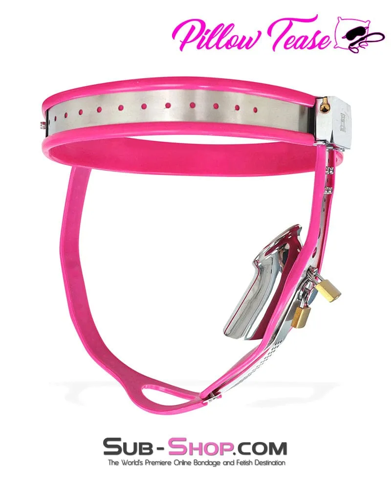 7913M      Sissy Bimbo Slut Feminizing Full Steel Chastity Belt with Pink Rubber Lining