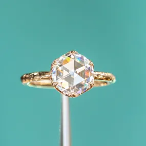 8.5mm Rosecut Moissanite 6-Prong Low Profile Ring with Carved Evergreen Band in 14K Yellow Gold