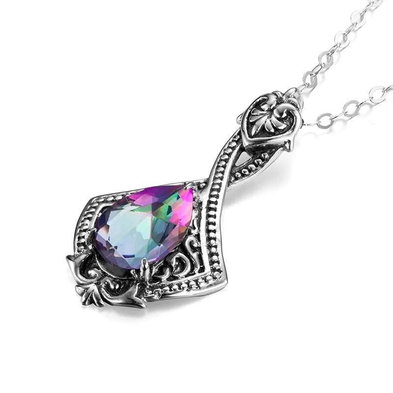 925 Silver Pendant Vintage Gemstone Pendant Necklace Water Drop Rainbow Halloween Necklace For Women