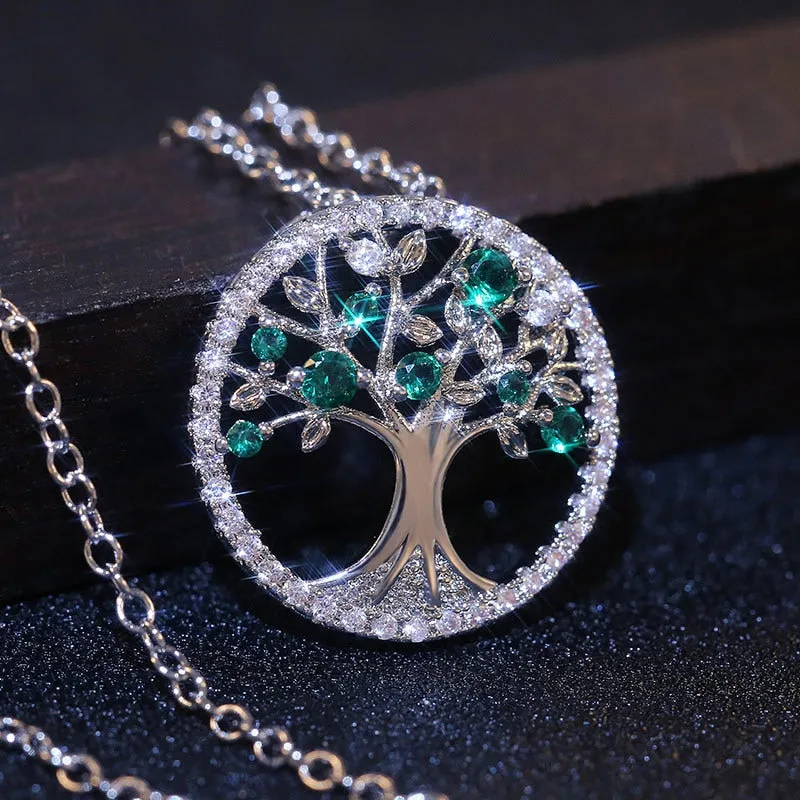 925 Sterling Silver Necklace Pendant Green Tree of Life Women  Necklace Natural Wind Pendant Jewelry