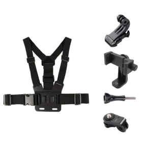 Adjustable Body Mount Belt Chest Strap with Phone Clamp & S-type Adapter & J Hook Mount & Long Screw for GoPro, Insta360, DJI and Other Action Cameras, Smartphones(Black)