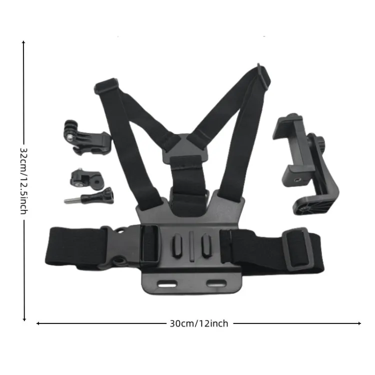 Adjustable Body Mount Belt Chest Strap with Phone Clamp & S-type Adapter & J Hook Mount & Long Screw for GoPro, Insta360, DJI and Other Action Cameras, Smartphones(Black)