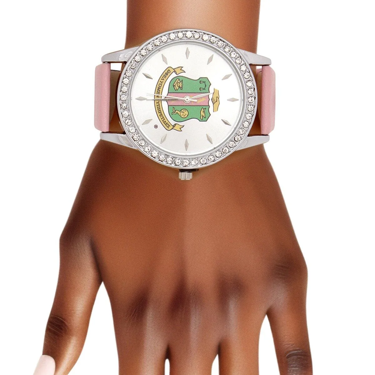 AKA Inspired Pink Leather Silver Sun Cut Dial Watch for Alpha Kappa Alpha Women