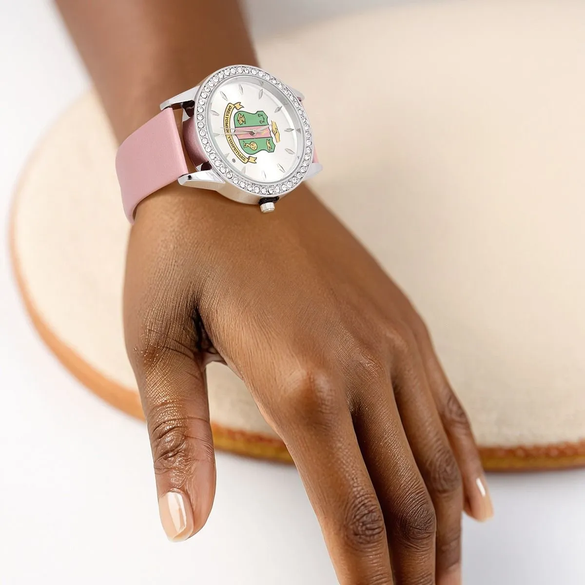 AKA Inspired Pink Leather Silver Sun Cut Dial Watch for Alpha Kappa Alpha Women