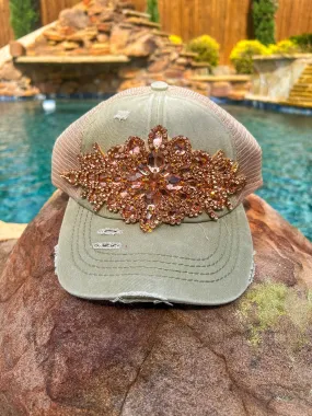 Althea Distressed Jeweled Detail Cap - Sage