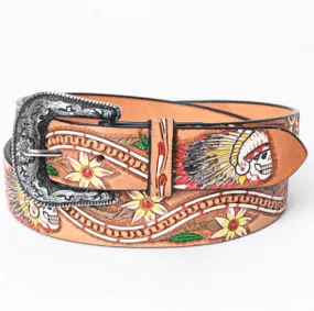 American Darling Skull & Flowers Hand Tooled & Painted Leather Belt ADBLF168