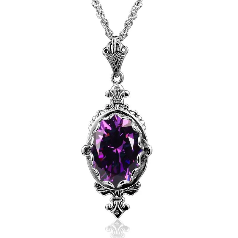 Amethyst Vintage Pendant Gemstone Church Flower Carved Purple Gems Pendants Necklace 925 Sterling Silver Jewelry