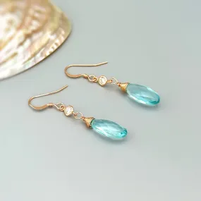 Aquamarine and Crystal Earrings dangle, Rose Gold, Gold, Silver