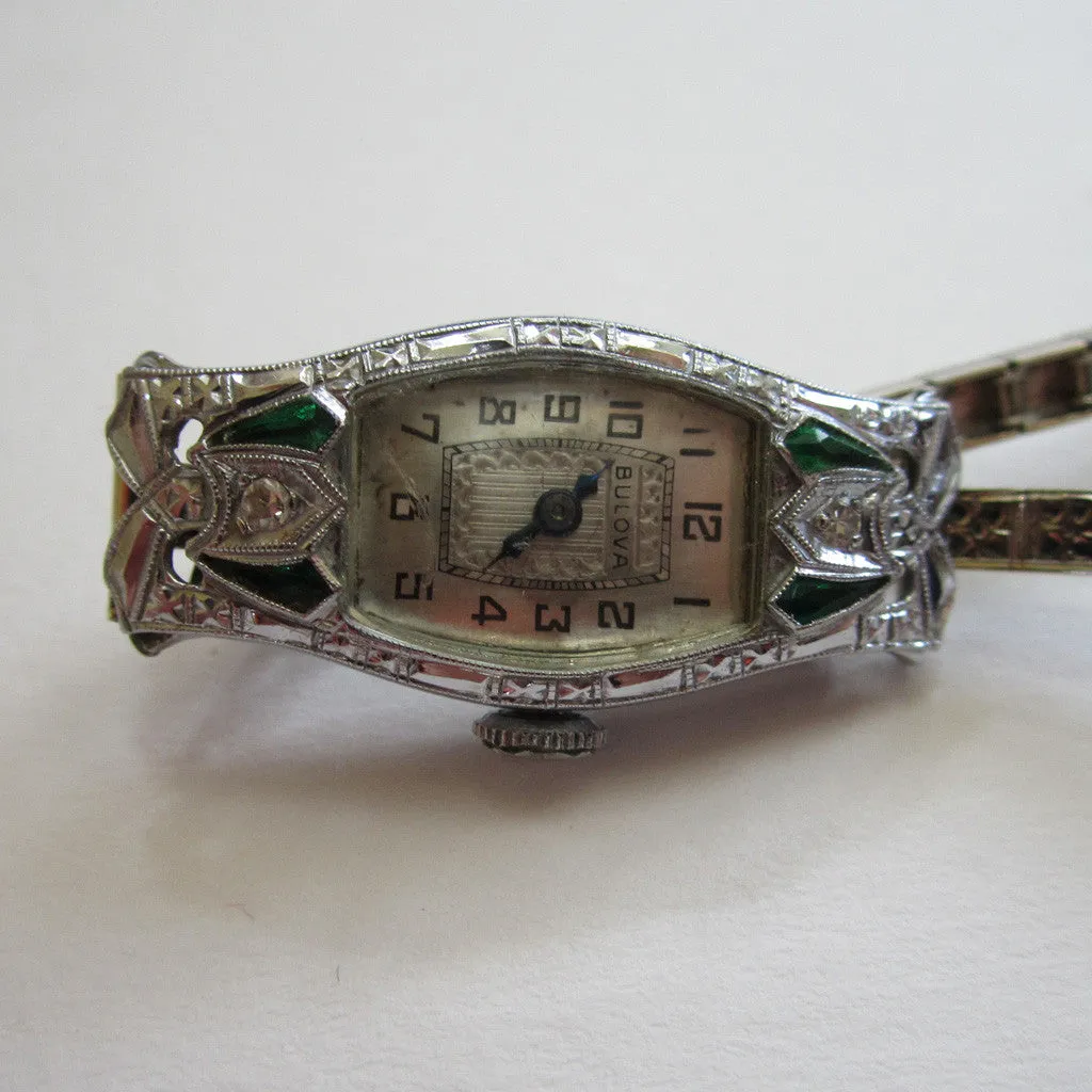 Art Deco Bulova 14K White Gold Diamond and Emerald Watch