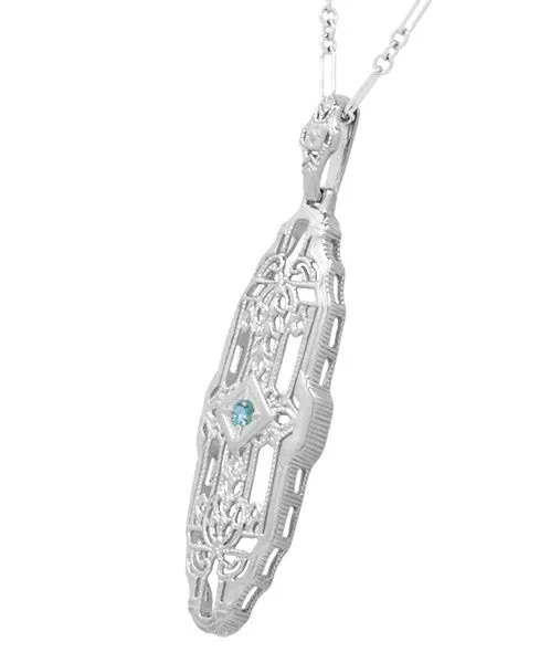 Art Deco Filigree Sky Blue Topaz Lozenge Necklace in Sterling Silver