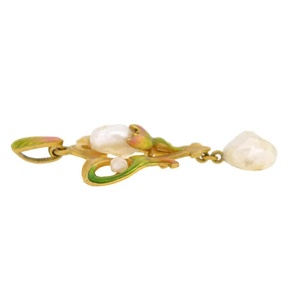 Art Nouveau 14kt Natural Pearl & Enamel Lavalier Pendant