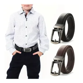 Automatic Buckle Leather Belt For Boys No Hole Leather Ratchet Dress Belt With Slide Buckle