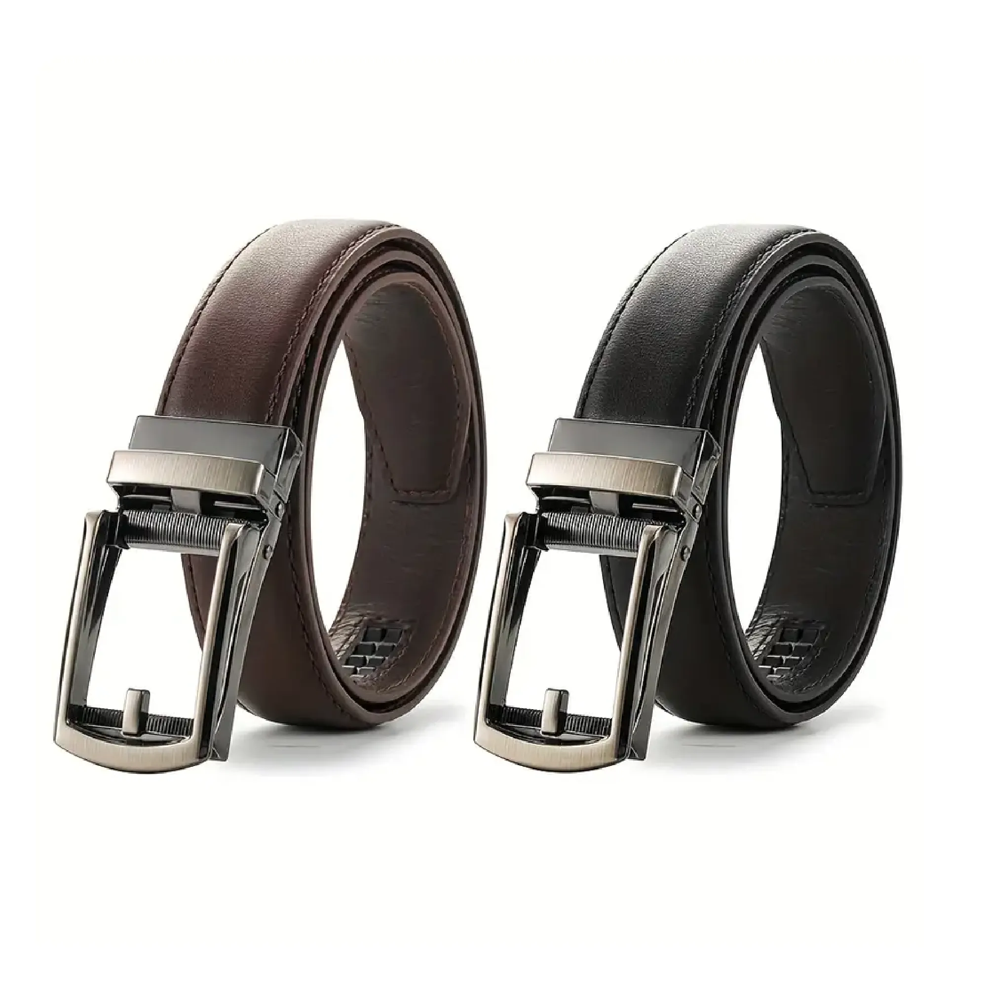 Automatic Buckle Leather Belt For Boys No Hole Leather Ratchet Dress Belt With Slide Buckle