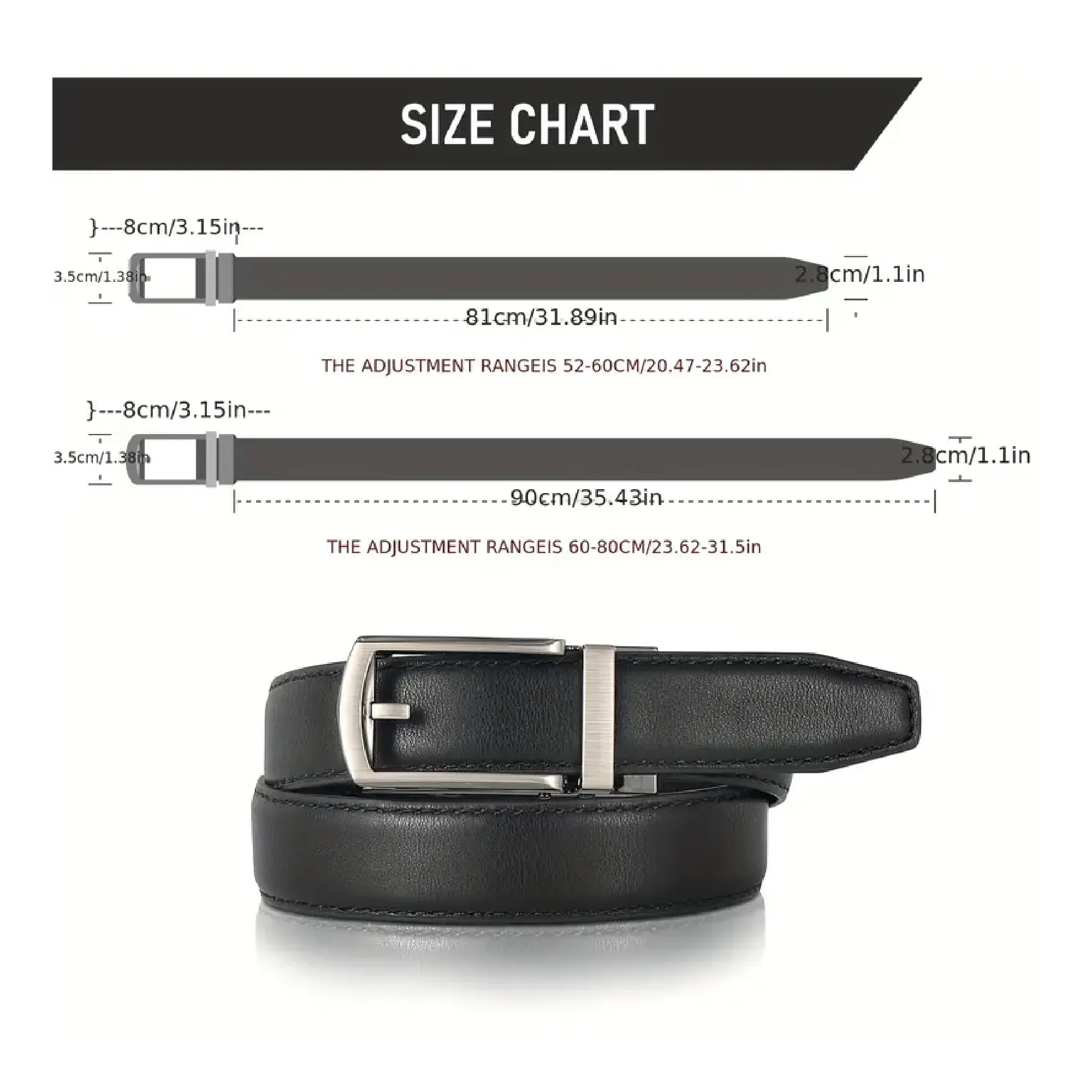 Automatic Buckle Leather Belt For Boys No Hole Leather Ratchet Dress Belt With Slide Buckle