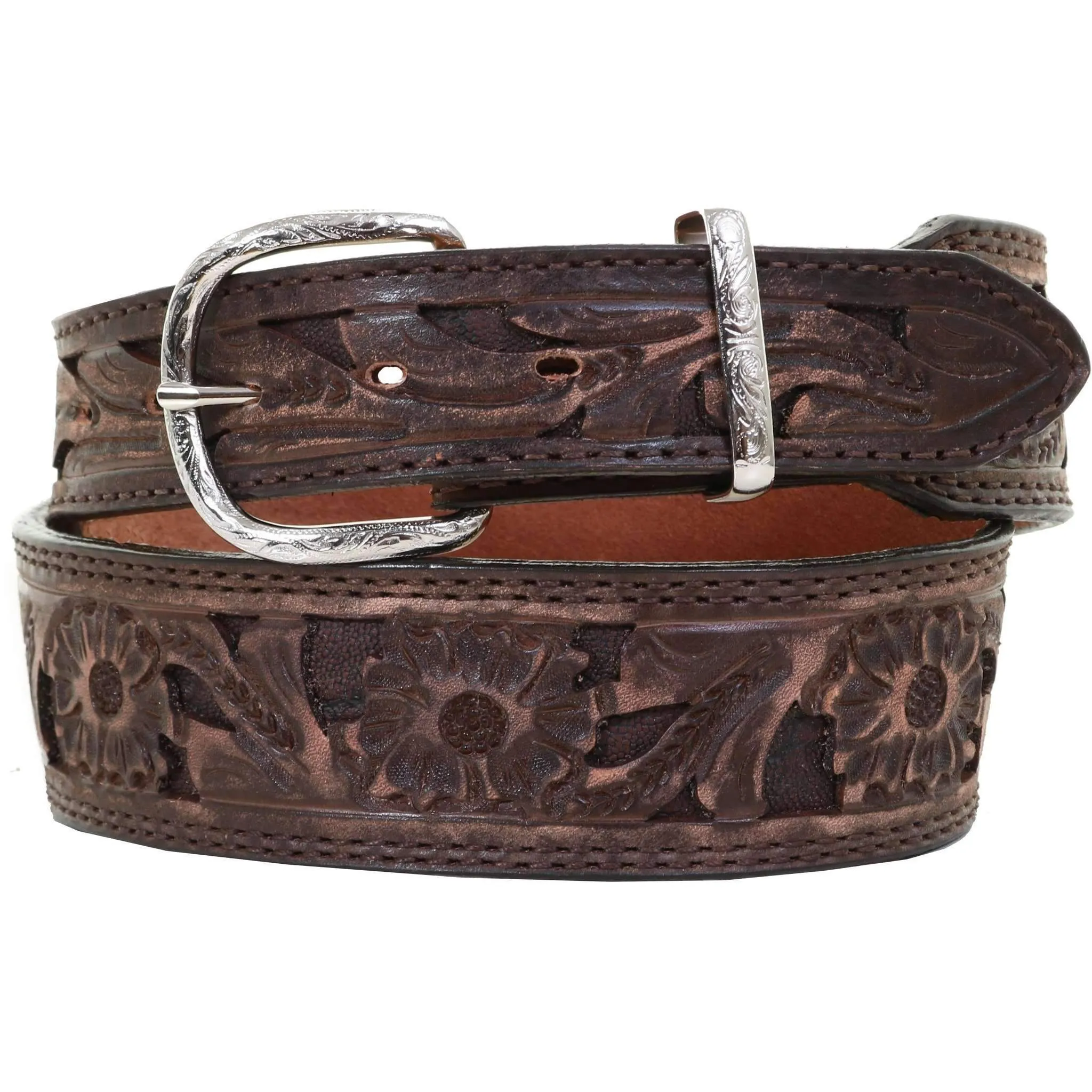 B1008 - Brown Vintage Floral Tooled Belt