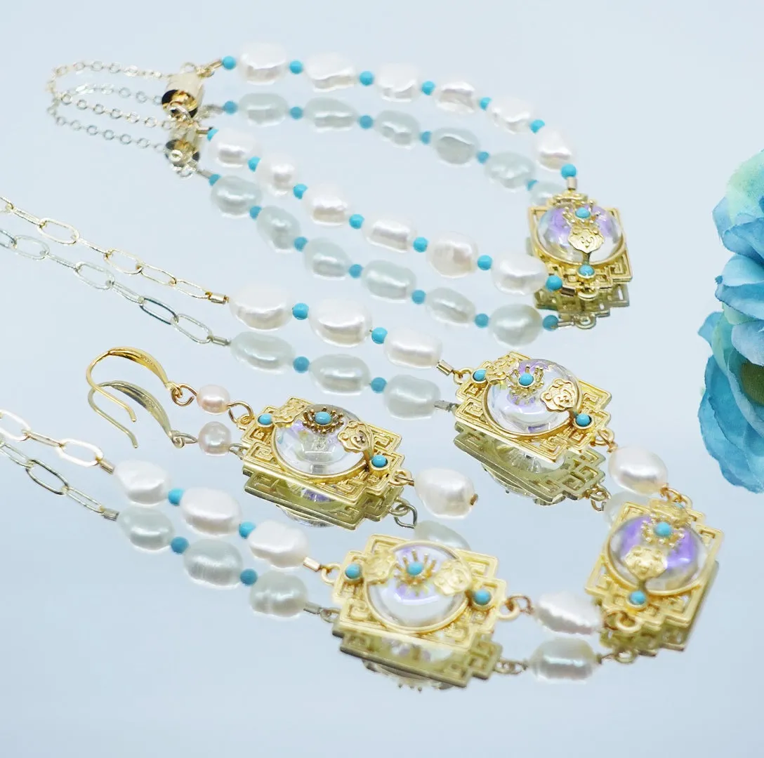 Baroque Pearl Palatial Necklace Bracelet and Earrings Set