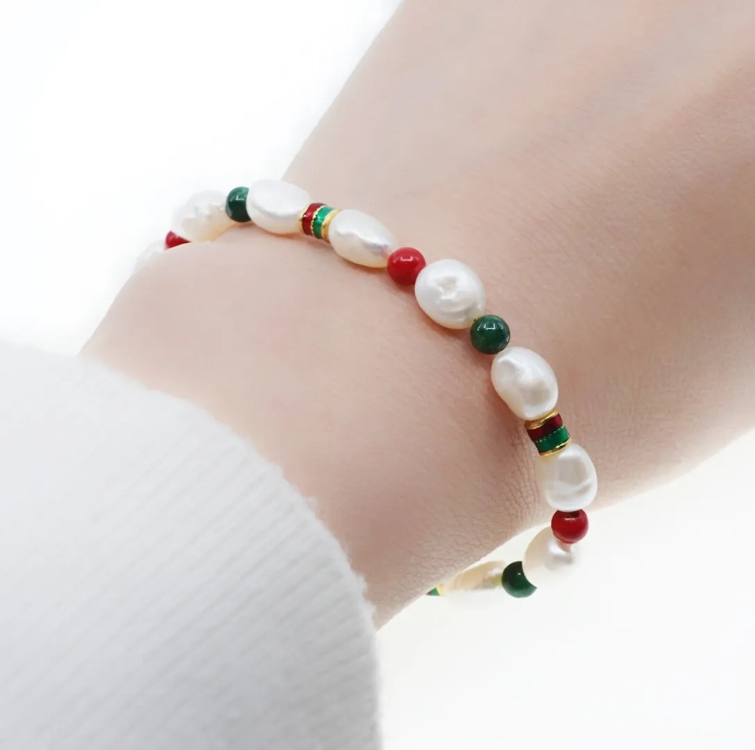 Beaded Baroque Pearl Bracelet (Red and Green)