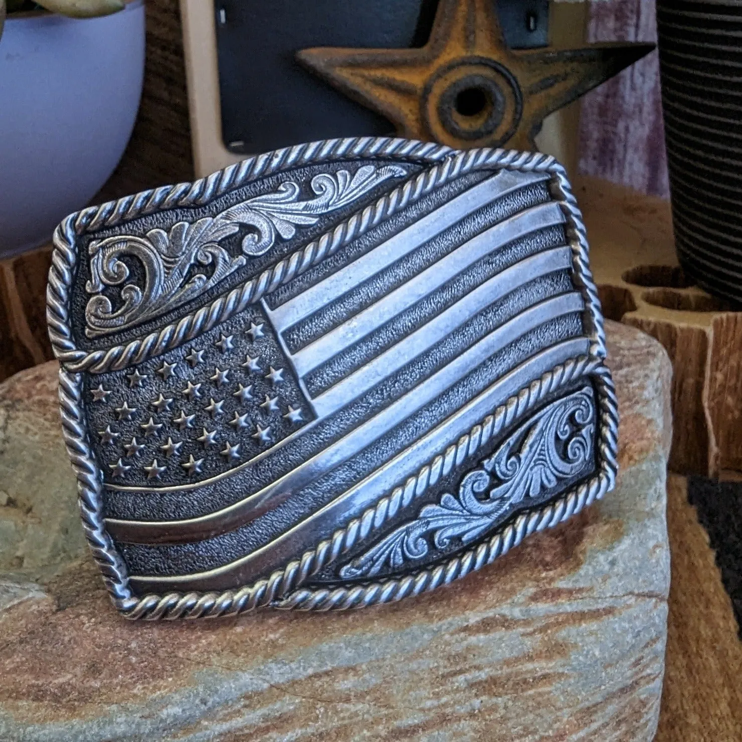 Belt Buckle the "Waving American Flag" by Montana Silversmiths A590S