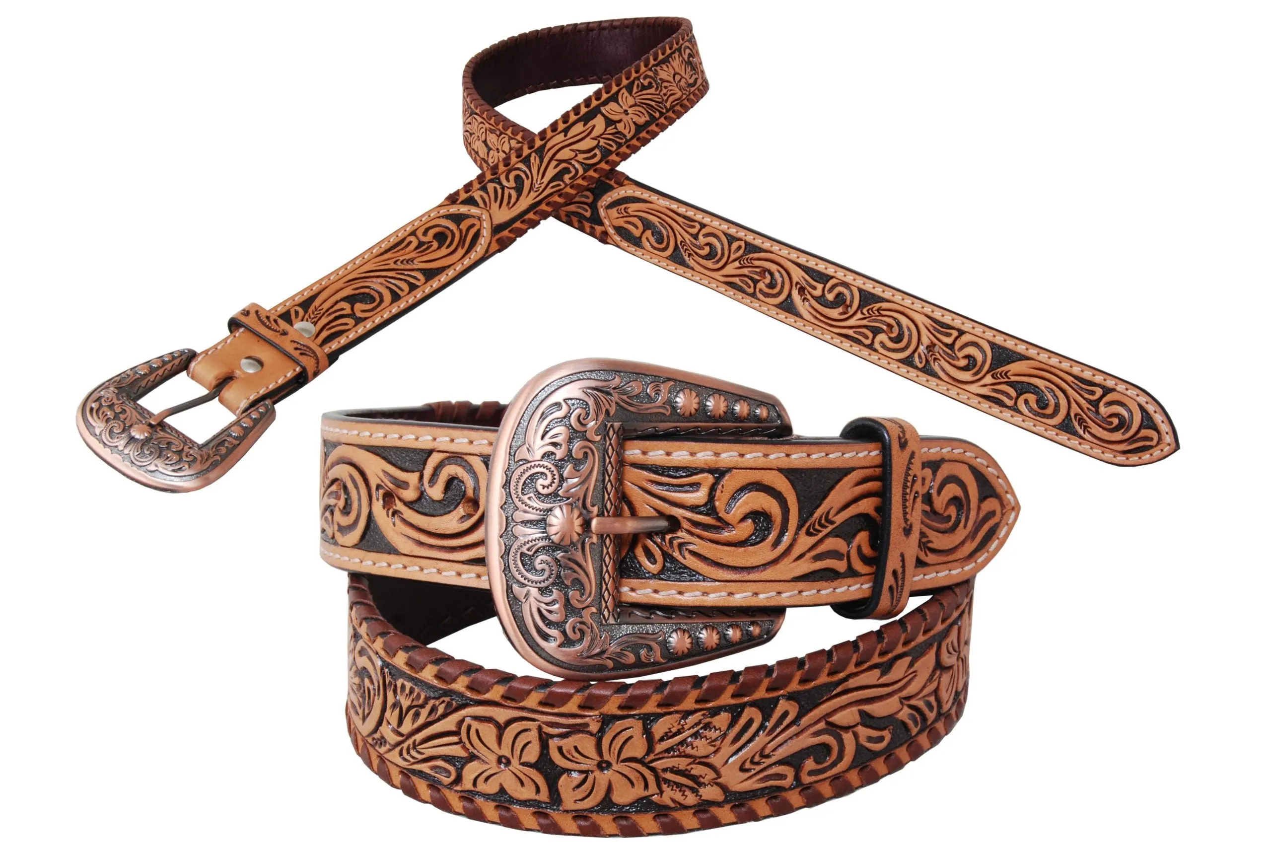 Belt Flower Tooling, TT Finish,Black Inlay Coloring,Brown Whipstitch & TE with a Copper Buckle