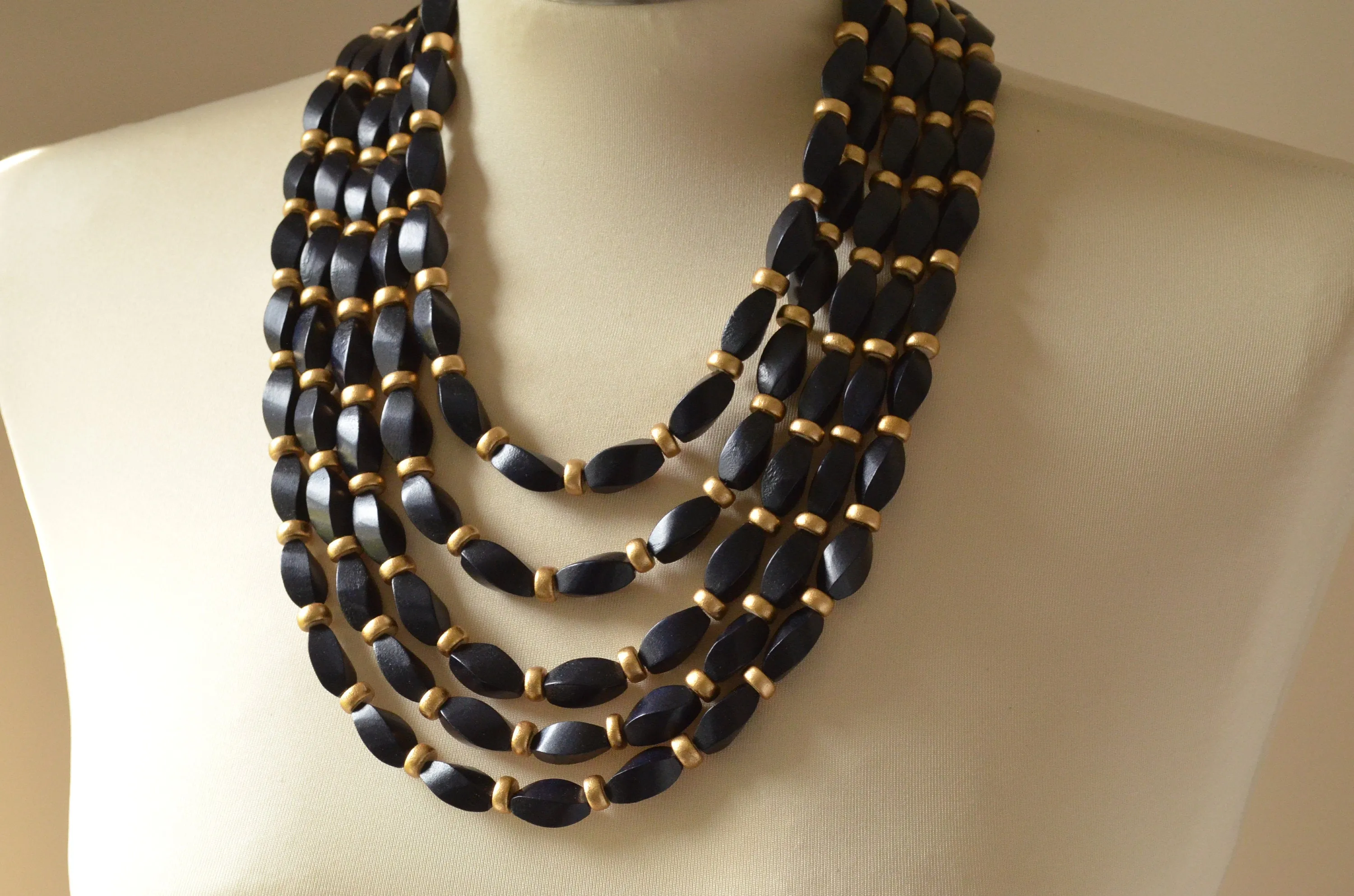 Black Gold Wood Statement Necklace Beaded Chunky Necklace - Sabrina