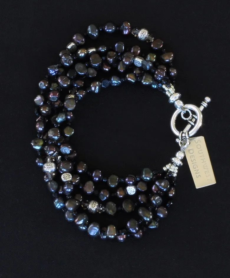 Black Nugget Pearl 5-Strand Bracelet with Sterling Silver Beads, Black Czechoslovakian Nailheads, Crystal Bicones, and a Sterling Silver Toggle Clasp