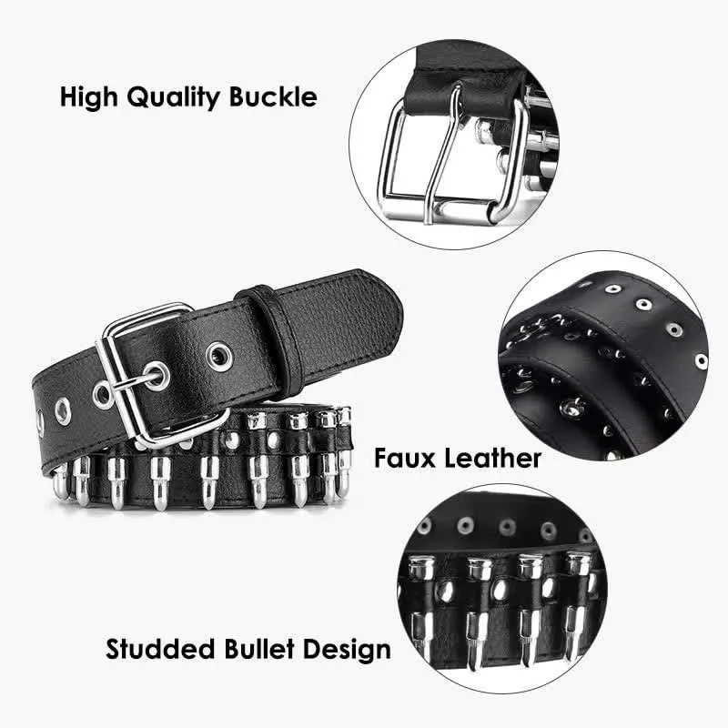 Black Punk Rock Bullets Rivet Studded Leather Belt