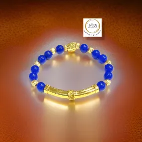 Blue Chalcedony Gemstone Gold Bali Tube Beaded Bracelet