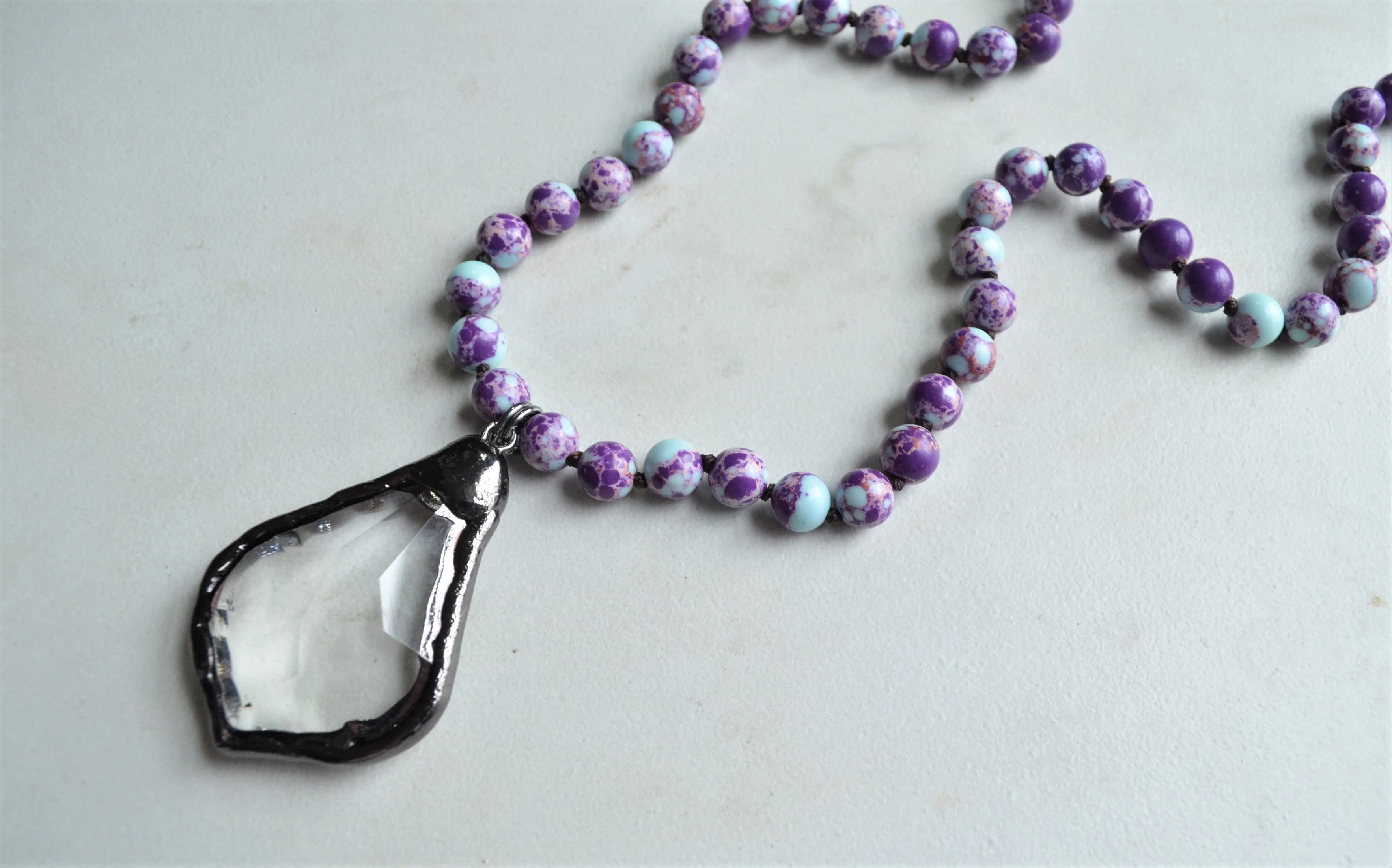 Blue Purple Long Stone Crystal Glass Pendant Beaded Necklace - San Jose