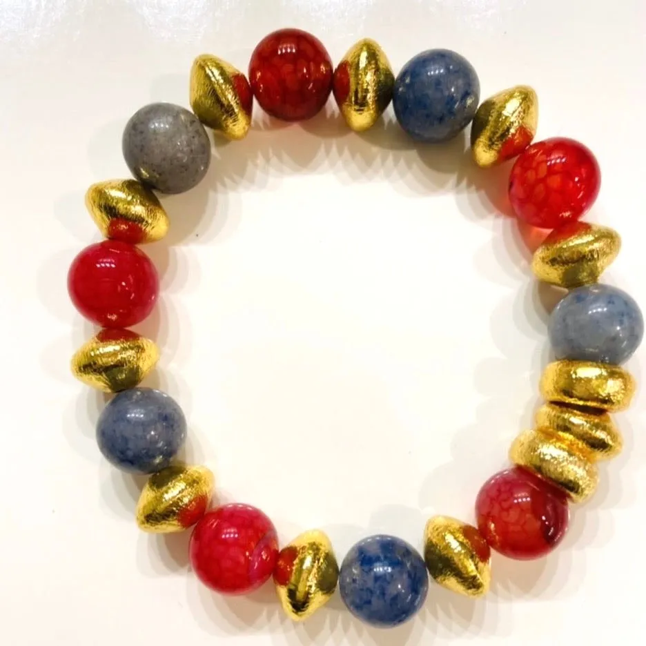 Blue Sodalite, Red Agate Gemstone Gold Beaded Bracelet