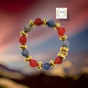 Blue Sodalite, Red Agate Gemstone Gold Beaded Bracelet