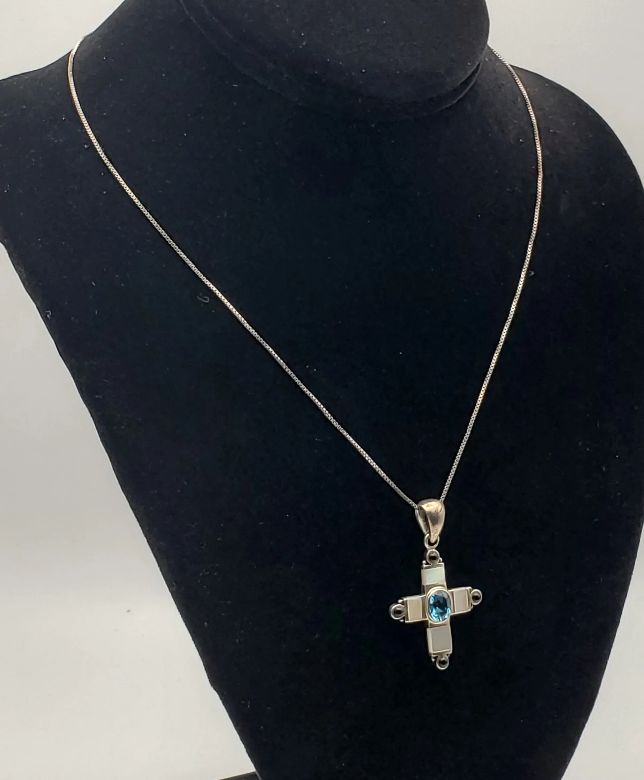 Blue Topaz, Mother of Pearl, Enamel Cross Pendant on Sterling Silver Chain Necklace - 18"